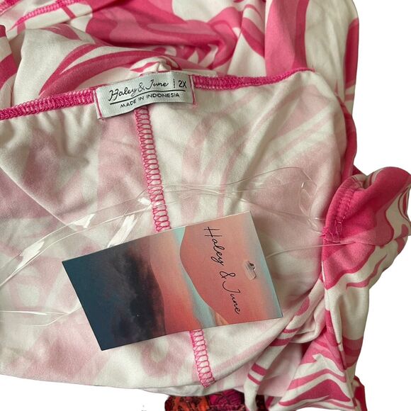 Haley & June Plus 2X Bodycon Midi Dress Pink White Print Cutout Stretch - Picture 2 of 7